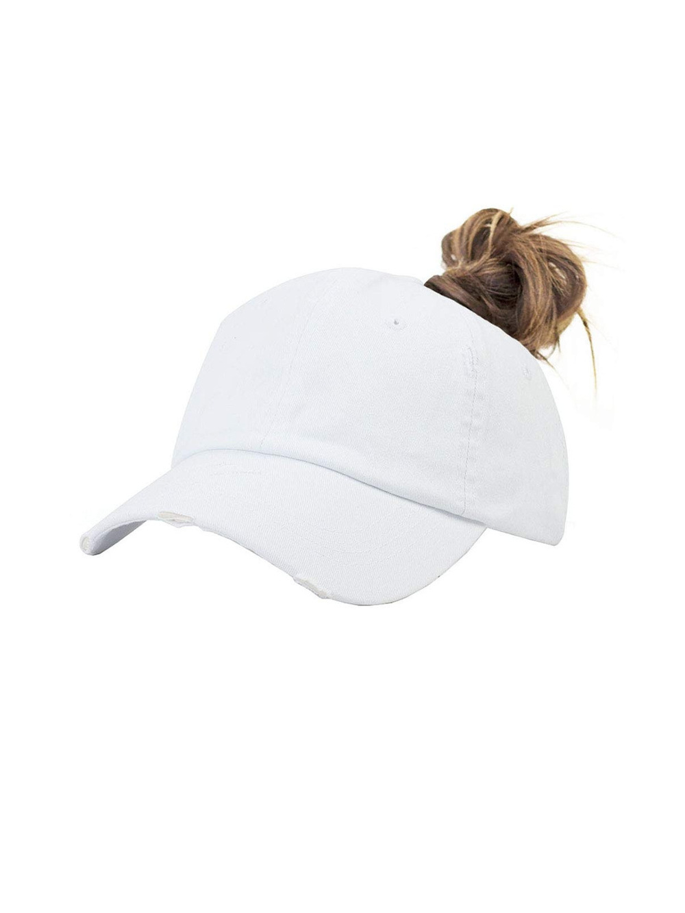 Ponytail Baseball Hat Distressed Retro Washed Womens Twill | White | Size M